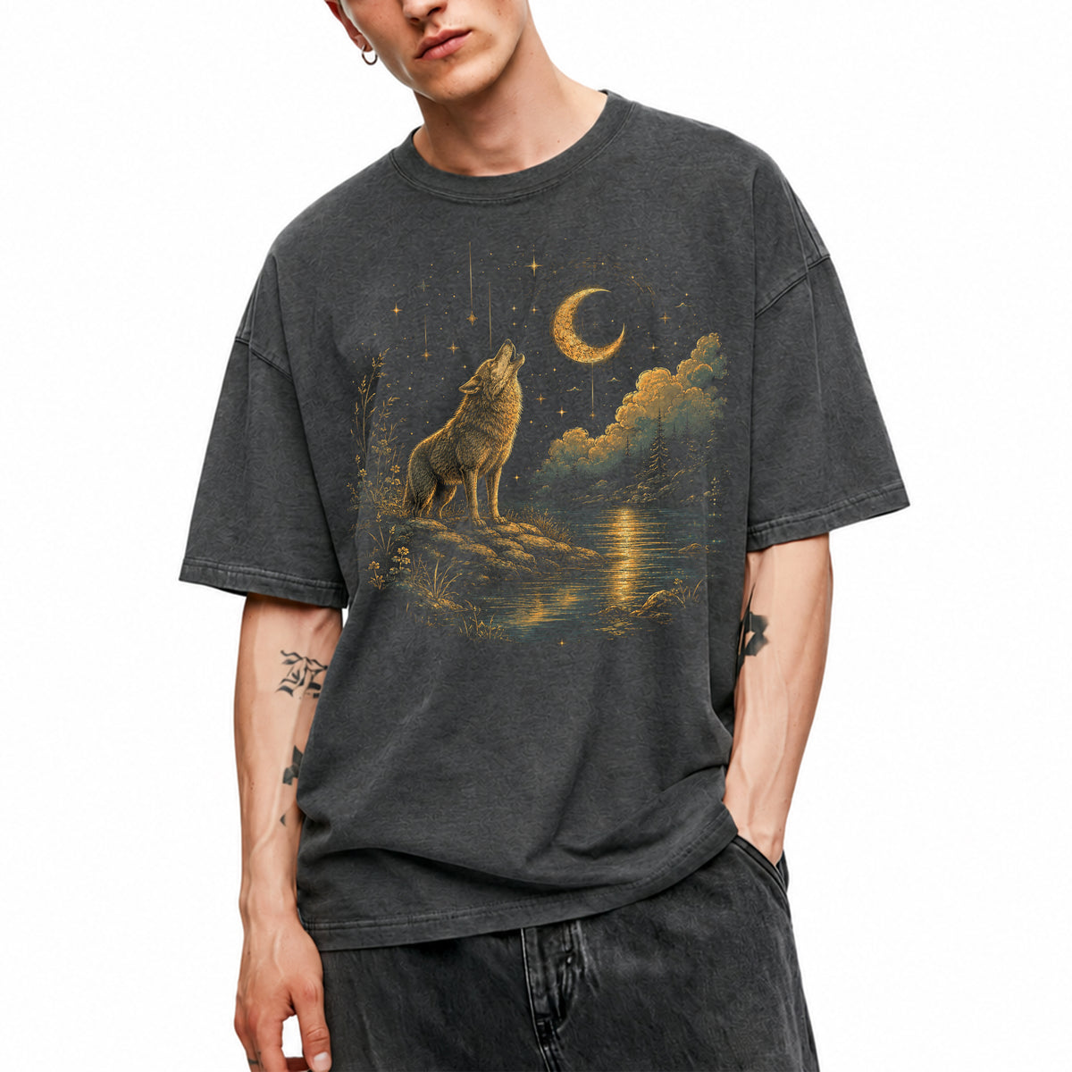 SF_COLOR=dark-heather; SF_ITEM=adult-t-shirt; SF_ROLE=main; Howling Wolf Crescent Moon T-Shirt Mystic Night Wildlife Scene Tee - Dark Heather Adult T-Shirt product image