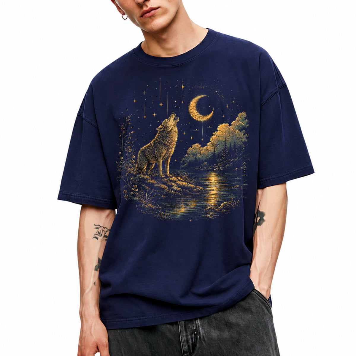 SF_COLOR=navy; SF_ITEM=adult-t-shirt; SF_ROLE=main; Howling Wolf Crescent Moon T-Shirt Mystic Night Wildlife Scene Tee - Navy Adult T-Shirt product image