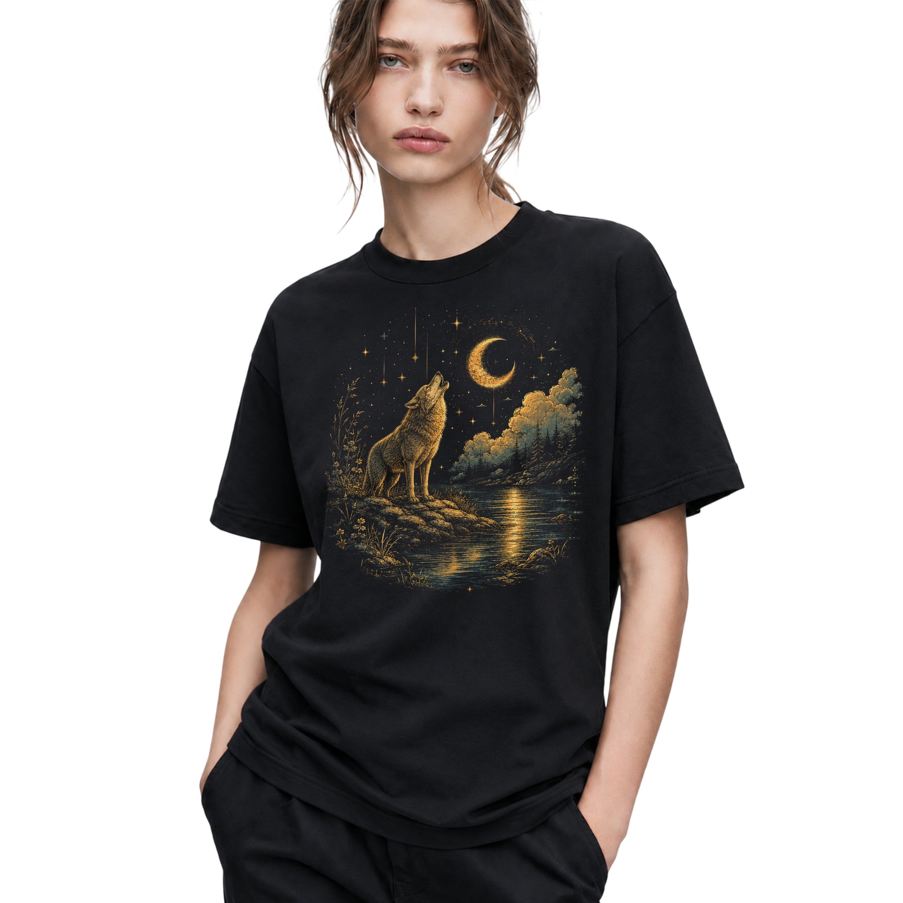 SF_COLOR=black; SF_ITEM=adult-t-shirt; SF_ROLE=gallery; Howling Wolf Crescent Moon T-Shirt Mystic Night Wildlife Scene Tee - Black Adult T-Shirt product image