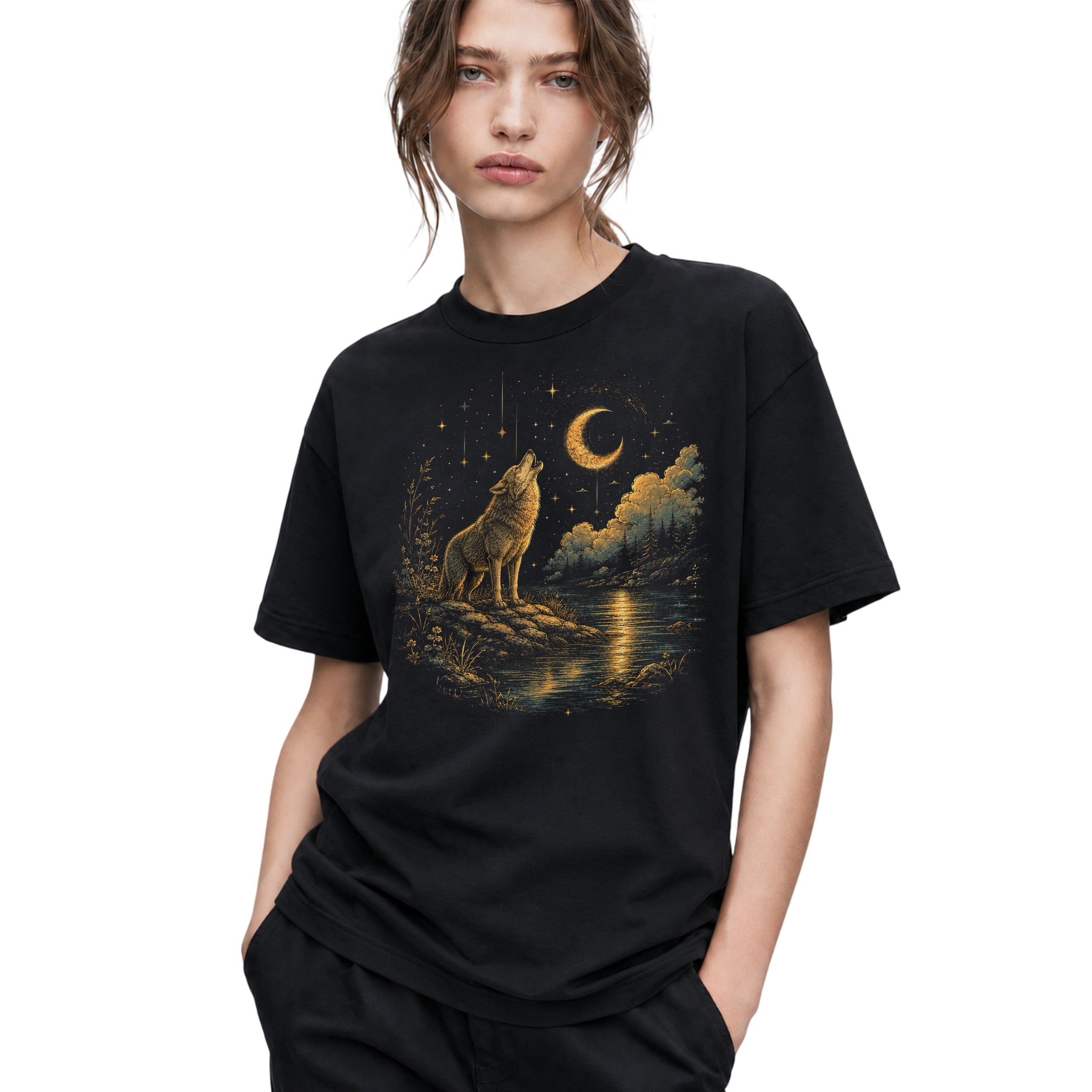 SF_COLOR=black; SF_ITEM=adult-t-shirt; SF_ROLE=gallery; Howling Wolf Crescent Moon T-Shirt Mystic Night Wildlife Scene Tee - Black Adult T-Shirt product image