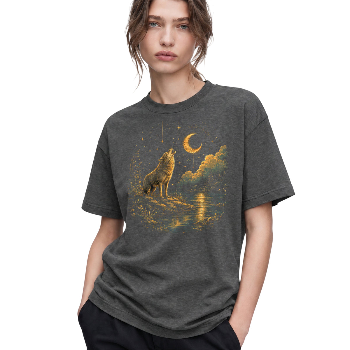SF_COLOR=dark-heather; SF_ITEM=adult-t-shirt; SF_ROLE=gallery; Howling Wolf Crescent Moon T-Shirt Mystic Night Wildlife Scene Tee - Dark Heather Adult T-Shirt product image