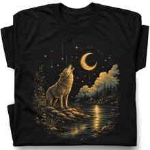 SF_COLOR=black; SF_ITEM=adult-t-shirt; SF_ROLE=gallery; Howling Wolf Crescent Moon T-Shirt Mystic Night Wildlife Scene Tee - Black Adult T-Shirt product image