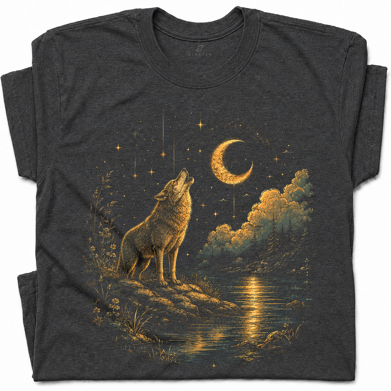 SF_COLOR=dark-heather; SF_ITEM=adult-t-shirt; SF_ROLE=gallery; Howling Wolf Crescent Moon T-Shirt Mystic Night Wildlife Scene Tee - Dark Heather Adult T-Shirt product image