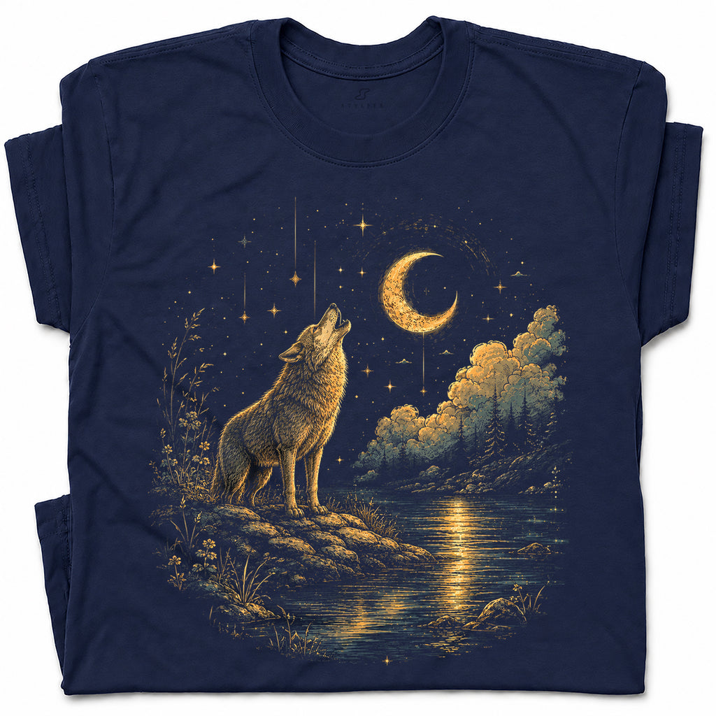 SF_COLOR=navy; SF_ITEM=adult-t-shirt; SF_ROLE=gallery; Howling Wolf Crescent Moon T-Shirt Mystic Night Wildlife Scene Tee - Navy Adult T-Shirt product image