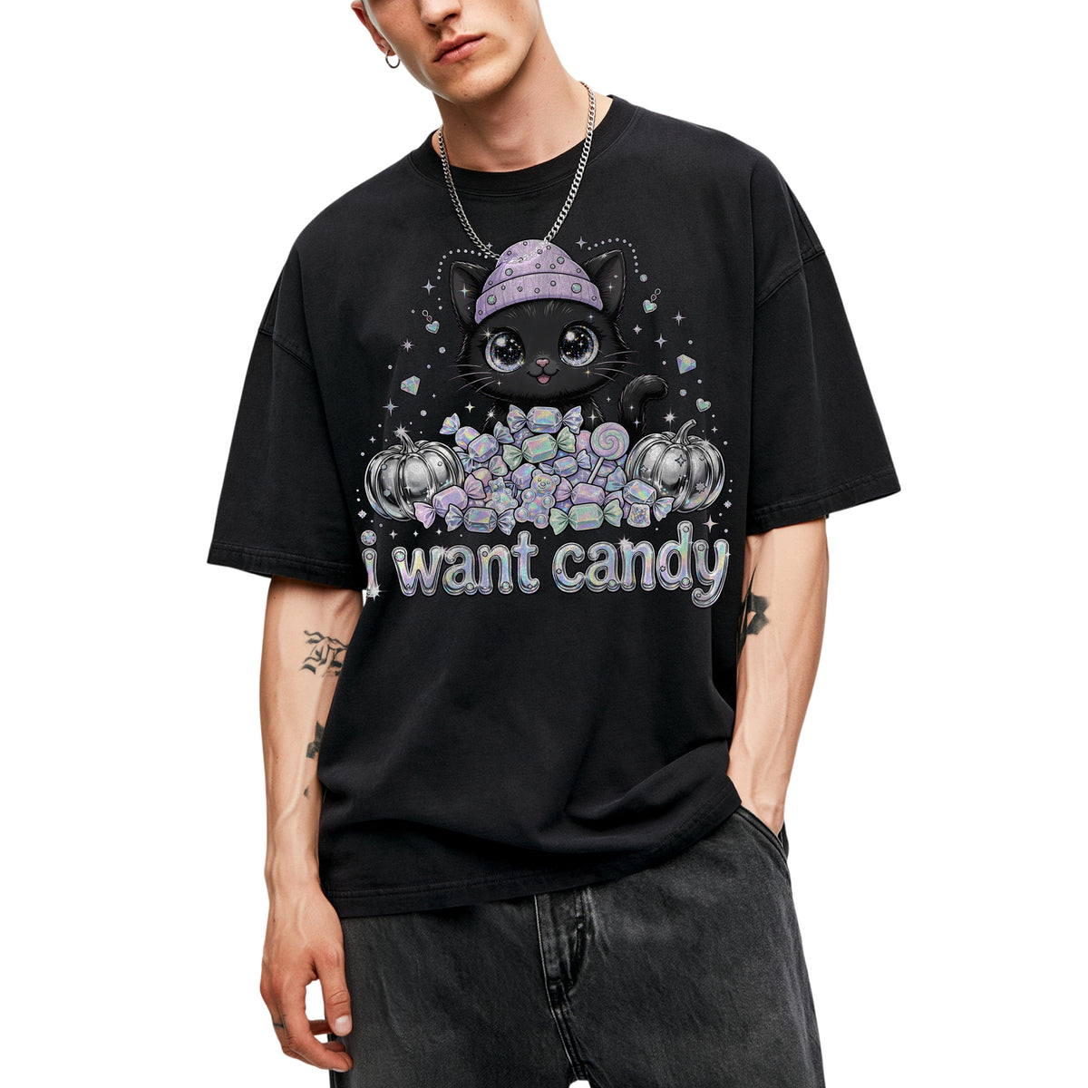 SF_COLOR=black; SF_ITEM=adult-t-shirt; SF_ROLE=main; I Want Candy Cat Lover T-Shirt Kawaii Halloween Pastel Pumpkins YK Apparel - Black Adult T-Shirt product image