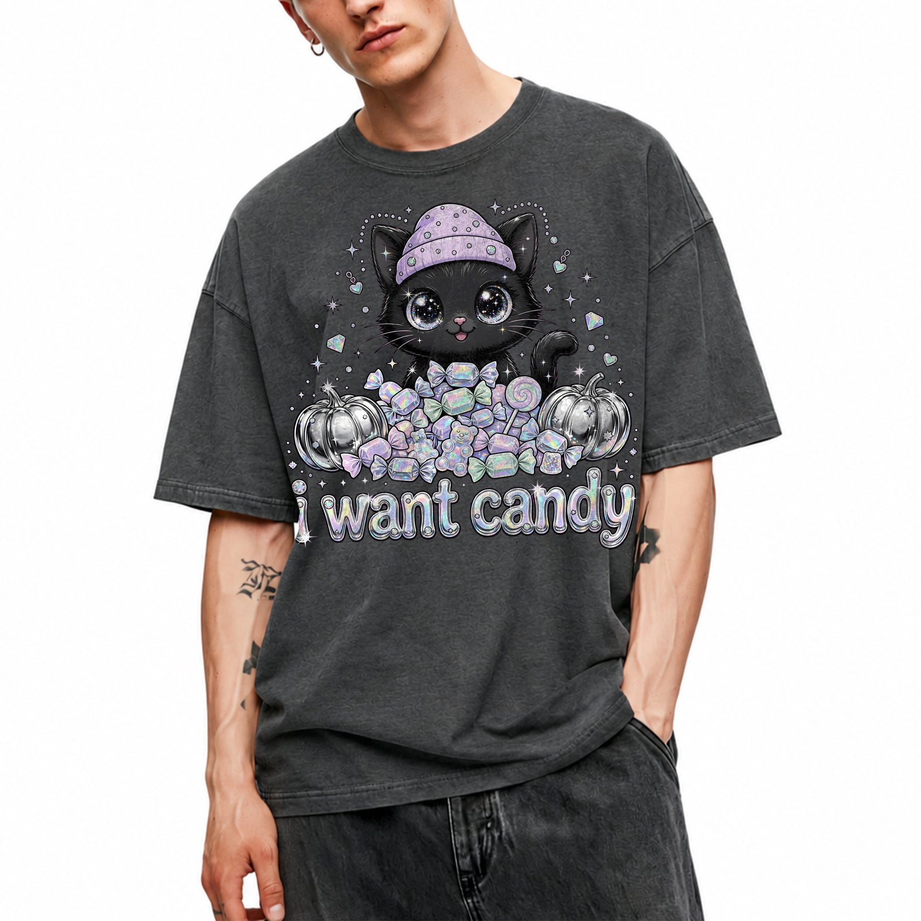 SF_COLOR=dark-heather; SF_ITEM=adult-t-shirt; SF_ROLE=main; I Want Candy Cat Lover T-Shirt Kawaii Halloween Pastel Pumpkins YK Apparel - Dark Heather Adult T-Shirt product image