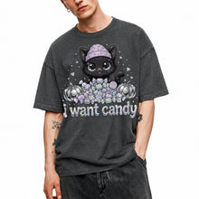 SF_COLOR=dark-heather; SF_ITEM=adult-t-shirt; SF_ROLE=main; I Want Candy Cat Lover T-Shirt Kawaii Halloween Pastel Pumpkins YK Apparel - Dark Heather Adult T-Shirt product image