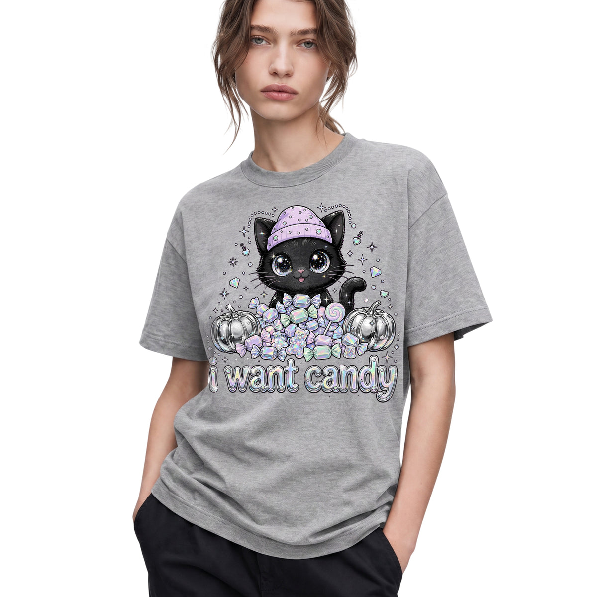 SF_COLOR=sport-grey; SF_ITEM=adult-t-shirt; SF_ROLE=gallery; I Want Candy Cat Lover T-Shirt Kawaii Halloween Pastel Pumpkins YK Apparel - Sport Grey Adult T-Shirt product image