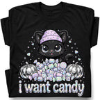 SF_COLOR=black; SF_ITEM=adult-t-shirt; SF_ROLE=gallery; I Want Candy Cat Lover T-Shirt Kawaii Halloween Pastel Pumpkins YK Apparel - Black Adult T-Shirt product image