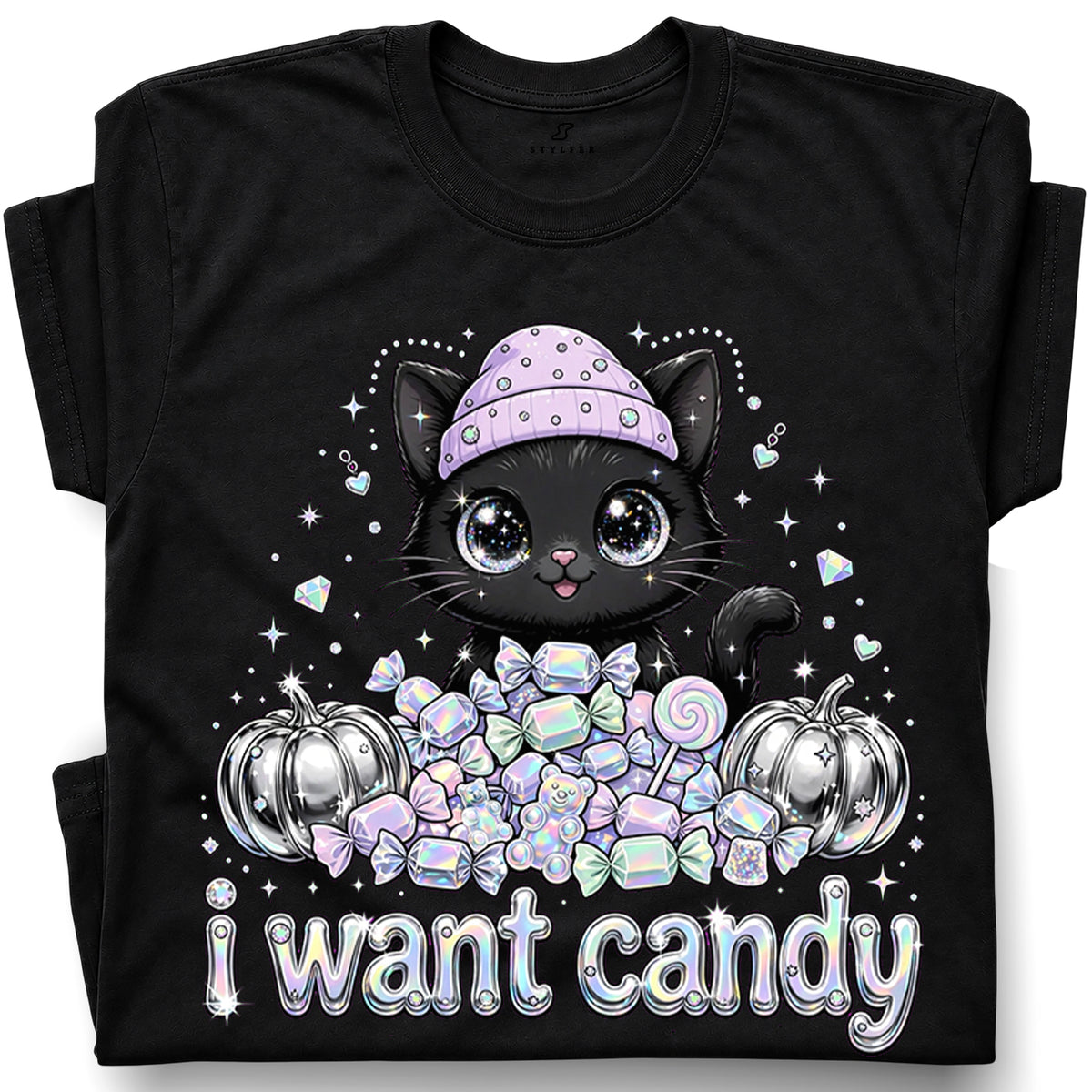 SF_COLOR=black; SF_ITEM=adult-t-shirt; SF_ROLE=gallery; I Want Candy Cat Lover T-Shirt Kawaii Halloween Pastel Pumpkins YK Apparel - Black Adult T-Shirt product image