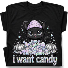 SF_COLOR=black; SF_ITEM=adult-t-shirt; SF_ROLE=gallery; I Want Candy Cat Lover T-Shirt Kawaii Halloween Pastel Pumpkins YK Apparel - Black Adult T-Shirt product image