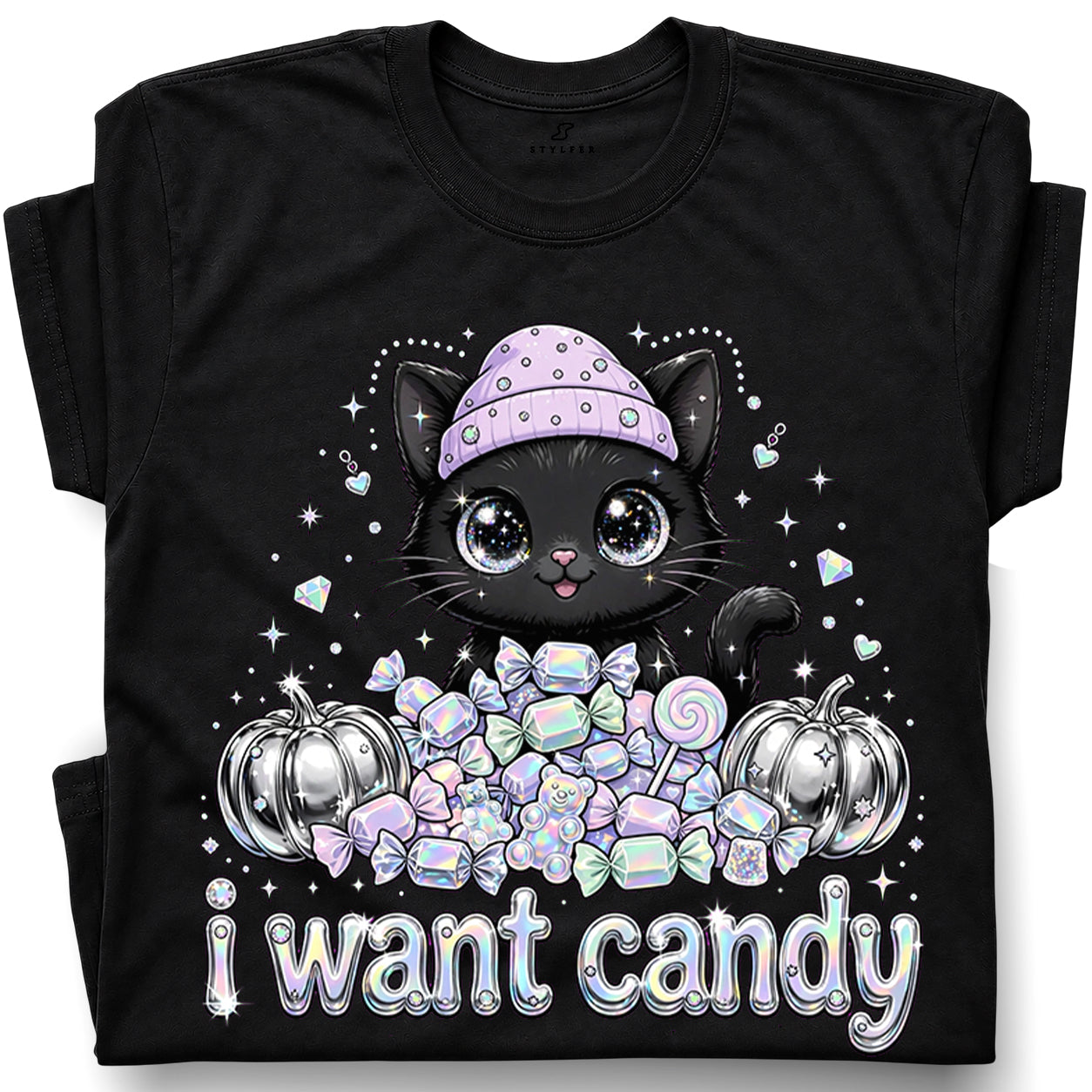 SF_COLOR=black; SF_ITEM=adult-t-shirt; SF_ROLE=gallery; I Want Candy Cat Lover T-Shirt Kawaii Halloween Pastel Pumpkins YK Apparel - Black Adult T-Shirt product image