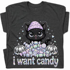 SF_COLOR=dark-heather; SF_ITEM=adult-t-shirt; SF_ROLE=gallery; I Want Candy Cat Lover T-Shirt Kawaii Halloween Pastel Pumpkins YK Apparel - Dark Heather Adult T-Shirt product image