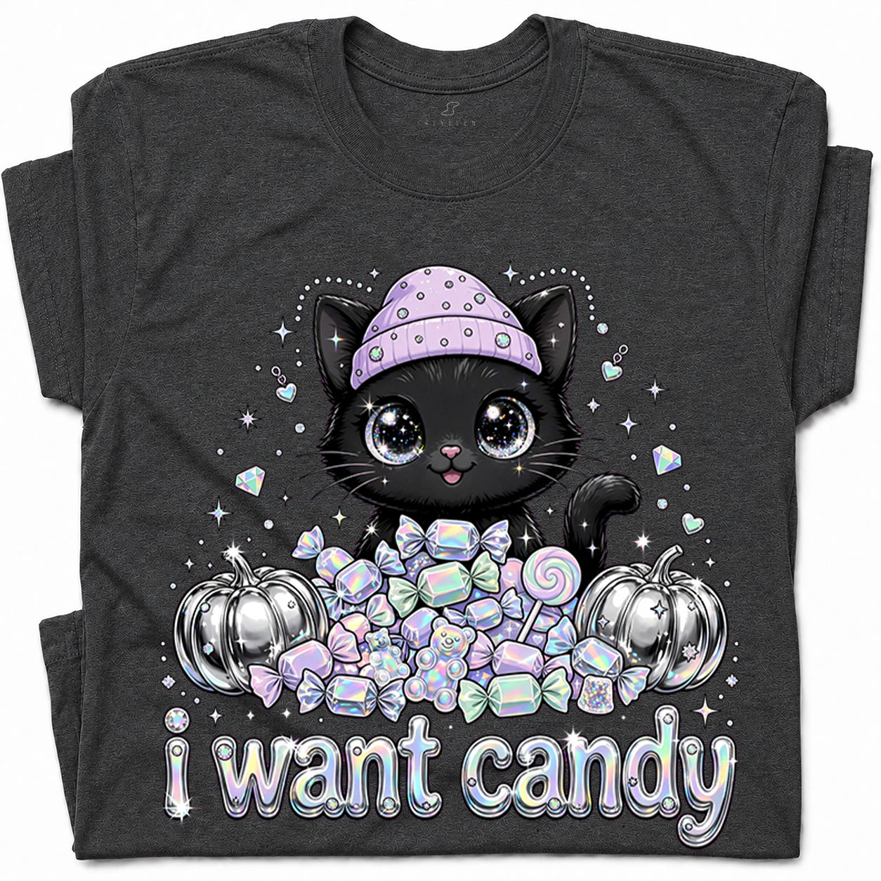 SF_COLOR=dark-heather; SF_ITEM=adult-t-shirt; SF_ROLE=gallery; I Want Candy Cat Lover T-Shirt Kawaii Halloween Pastel Pumpkins YK Apparel - Dark Heather Adult T-Shirt product image
