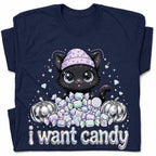 SF_COLOR=navy; SF_ITEM=adult-t-shirt; SF_ROLE=gallery; I Want Candy Cat Lover T-Shirt Kawaii Halloween Pastel Pumpkins YK Apparel - Navy Adult T-Shirt product image