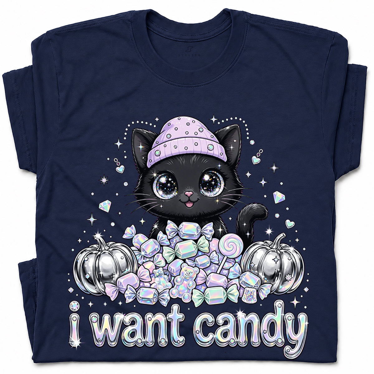 SF_COLOR=navy; SF_ITEM=adult-t-shirt; SF_ROLE=gallery; I Want Candy Cat Lover T-Shirt Kawaii Halloween Pastel Pumpkins YK Apparel - Navy Adult T-Shirt product image