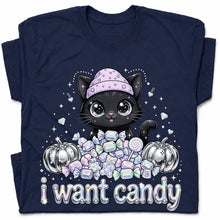 SF_COLOR=navy; SF_ITEM=adult-t-shirt; SF_ROLE=gallery; I Want Candy Cat Lover T-Shirt Kawaii Halloween Pastel Pumpkins YK Apparel - Navy Adult T-Shirt product image