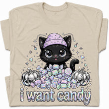 SF_COLOR=sand; SF_ITEM=adult-t-shirt; SF_ROLE=gallery; I Want Candy Cat Lover T-Shirt Kawaii Halloween Pastel Pumpkins YK Apparel - Sand Adult T-Shirt product image