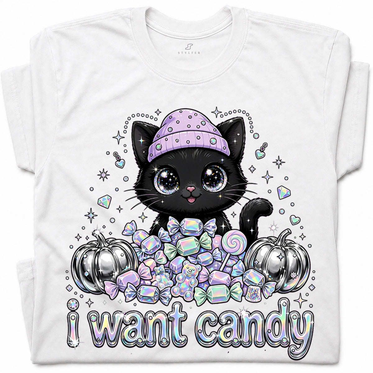 SF_COLOR=white; SF_ITEM=adult-t-shirt; SF_ROLE=gallery; I Want Candy Cat Lover T-Shirt Kawaii Halloween Pastel Pumpkins YK Apparel - White Adult T-Shirt product image