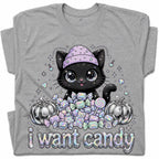 SF_COLOR=sport-grey; SF_ITEM=adult-t-shirt; SF_ROLE=gallery; I Want Candy Cat Lover T-Shirt Kawaii Halloween Pastel Pumpkins YK Apparel - Sport Grey Adult T-Shirt product image