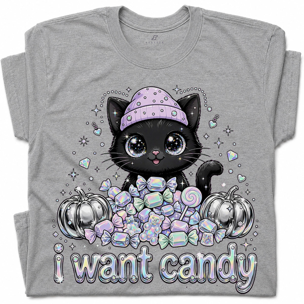 SF_COLOR=sport-grey; SF_ITEM=adult-t-shirt; SF_ROLE=gallery; I Want Candy Cat Lover T-Shirt Kawaii Halloween Pastel Pumpkins YK Apparel - Sport Grey Adult T-Shirt product image