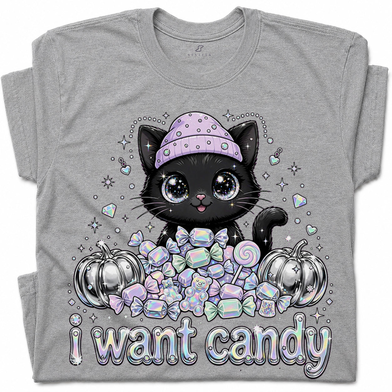 SF_COLOR=sport-grey; SF_ITEM=adult-t-shirt; SF_ROLE=gallery; I Want Candy Cat Lover T-Shirt Kawaii Halloween Pastel Pumpkins YK Apparel - Sport Grey Adult T-Shirt product image
