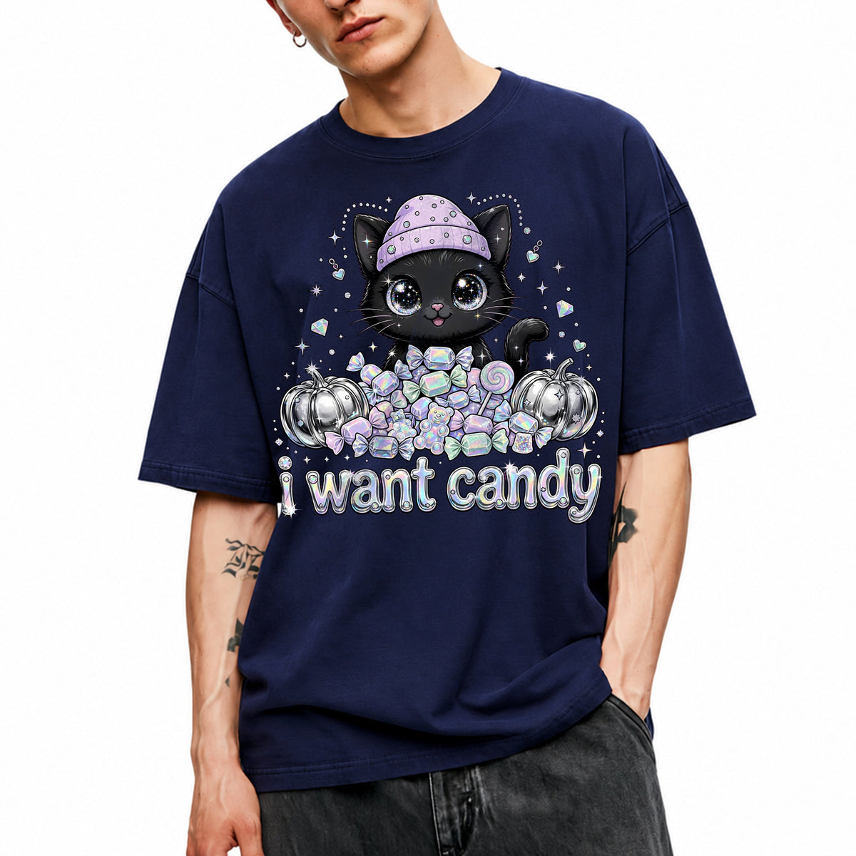 SF_COLOR=navy; SF_ITEM=adult-t-shirt; SF_ROLE=main; I Want Candy Cat Lover T-Shirt Kawaii Halloween Pastel Pumpkins YK Apparel - Navy Adult T-Shirt product image