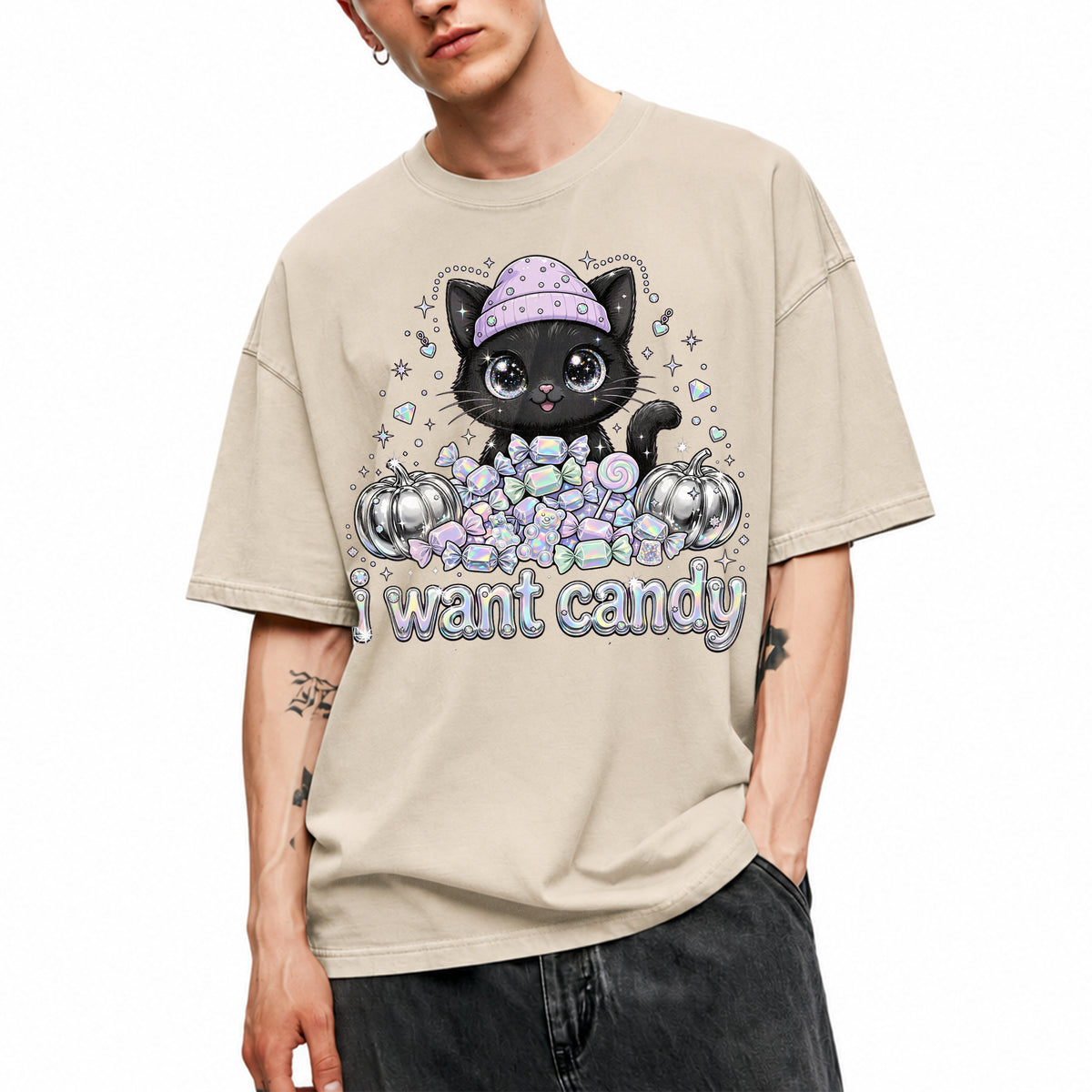 SF_COLOR=sand; SF_ITEM=adult-t-shirt; SF_ROLE=main; I Want Candy Cat Lover T-Shirt Kawaii Halloween Pastel Pumpkins YK Apparel - Sand Adult T-Shirt product image