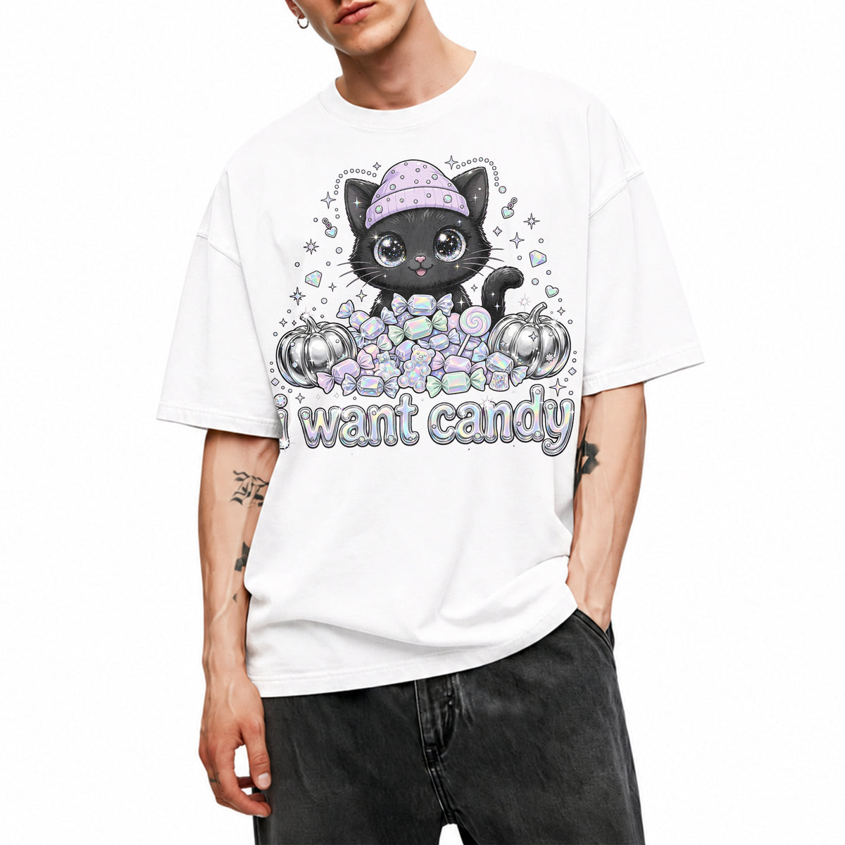 SF_COLOR=white; SF_ITEM=adult-t-shirt; SF_ROLE=main; I Want Candy Cat Lover T-Shirt Kawaii Halloween Pastel Pumpkins YK Apparel - White Adult T-Shirt product image