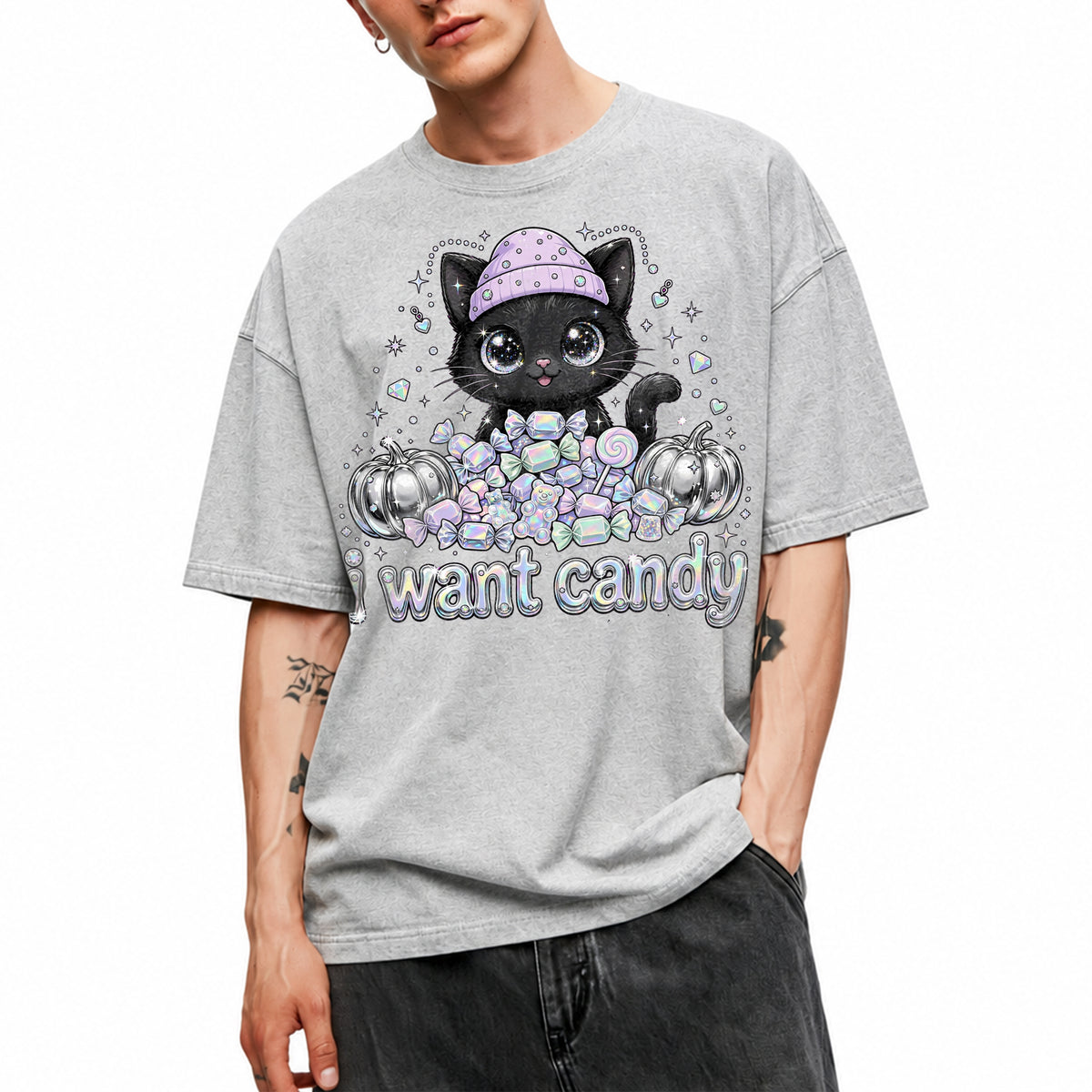 SF_COLOR=sport-grey; SF_ITEM=adult-t-shirt; SF_ROLE=main; I Want Candy Cat Lover T-Shirt Kawaii Halloween Pastel Pumpkins YK Apparel - Sport Grey Adult T-Shirt product image