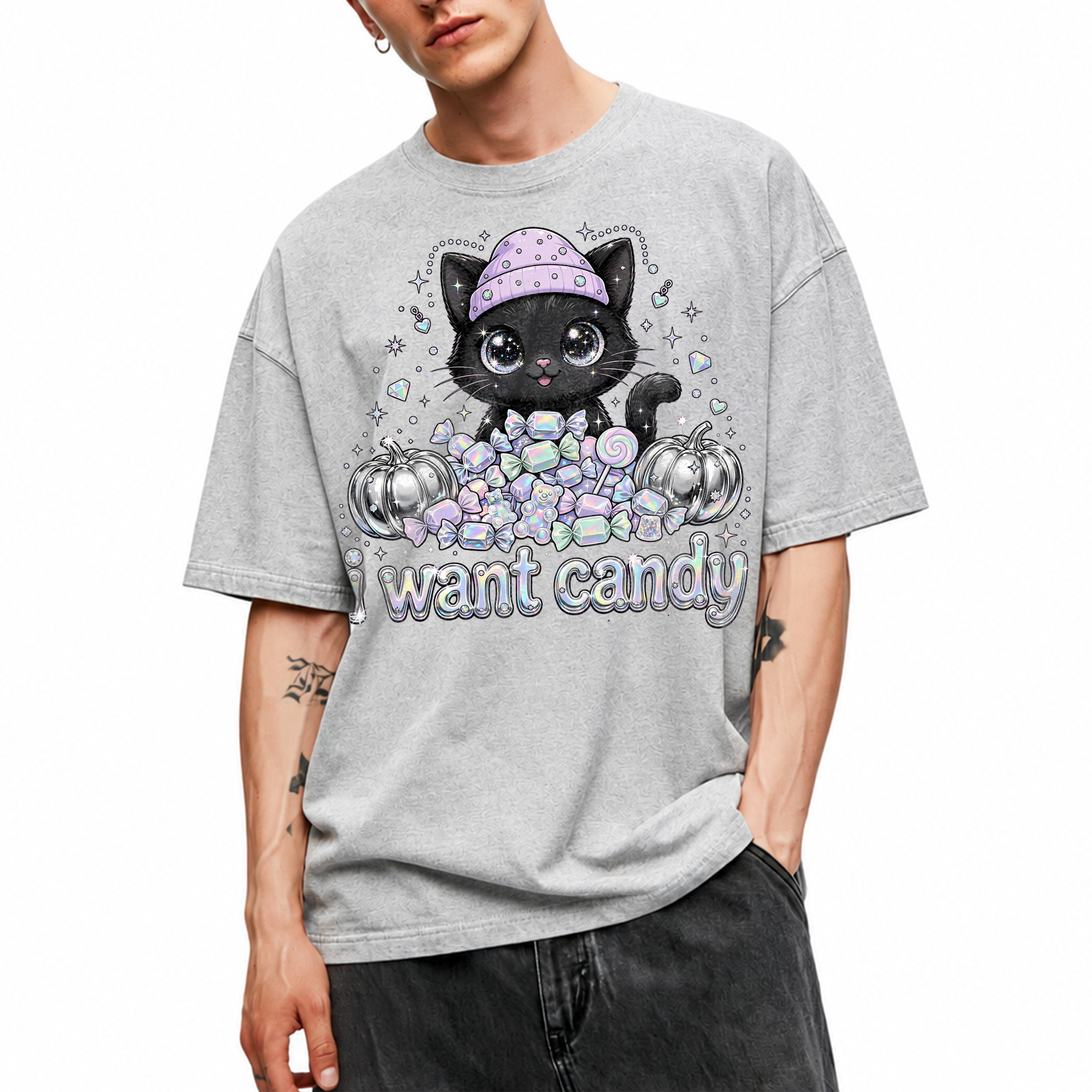 SF_COLOR=sport-grey; SF_ITEM=adult-t-shirt; SF_ROLE=main; I Want Candy Cat Lover T-Shirt Kawaii Halloween Pastel Pumpkins YK Apparel - Sport Grey Adult T-Shirt product image