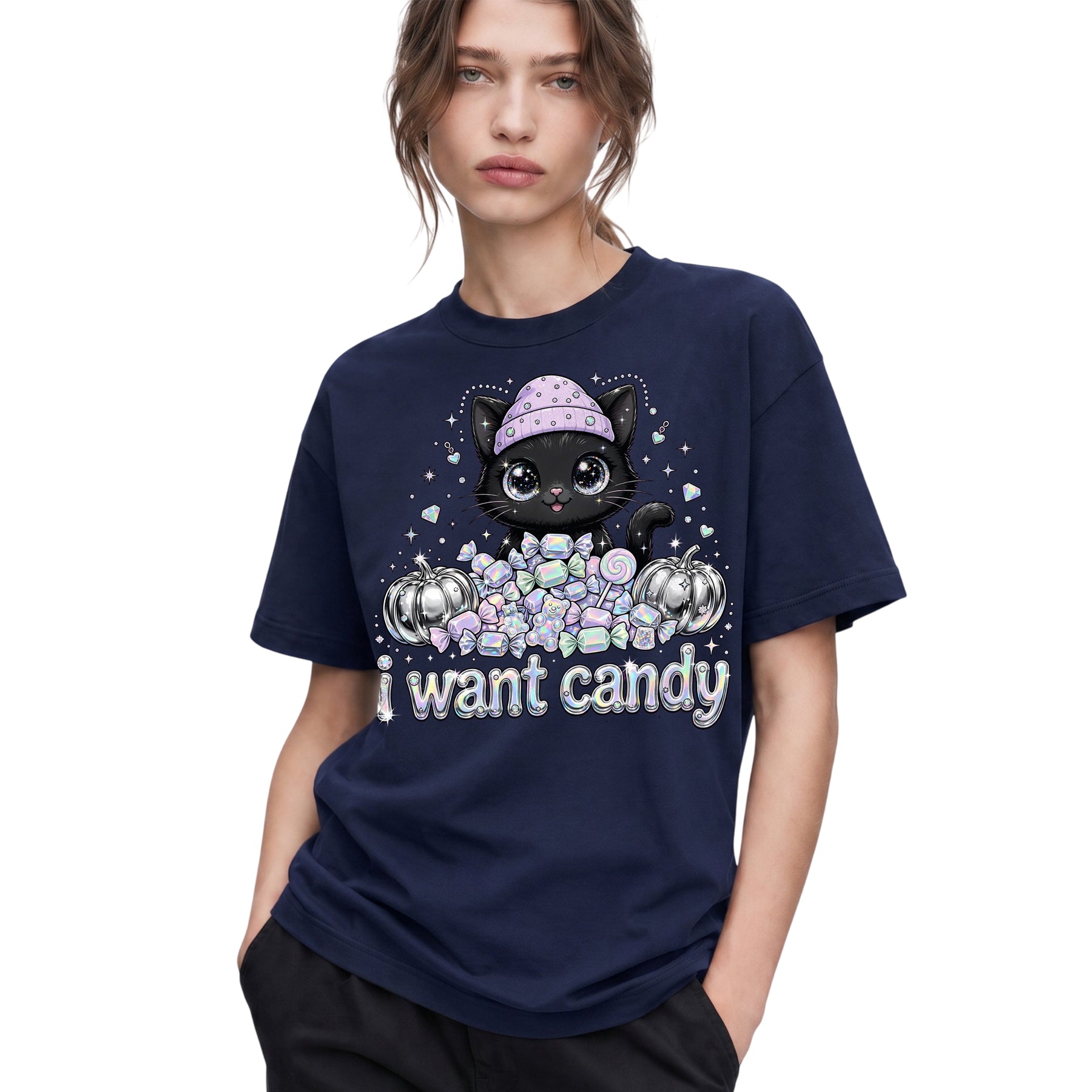 SF_COLOR=navy; SF_ITEM=adult-t-shirt; SF_ROLE=gallery; I Want Candy Cat Lover T-Shirt Kawaii Halloween Pastel Pumpkins YK Apparel - Navy Adult T-Shirt product image