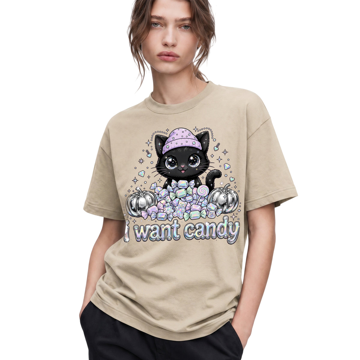 SF_COLOR=sand; SF_ITEM=adult-t-shirt; SF_ROLE=gallery; I Want Candy Cat Lover T-Shirt Kawaii Halloween Pastel Pumpkins YK Apparel - Sand Adult T-Shirt product image