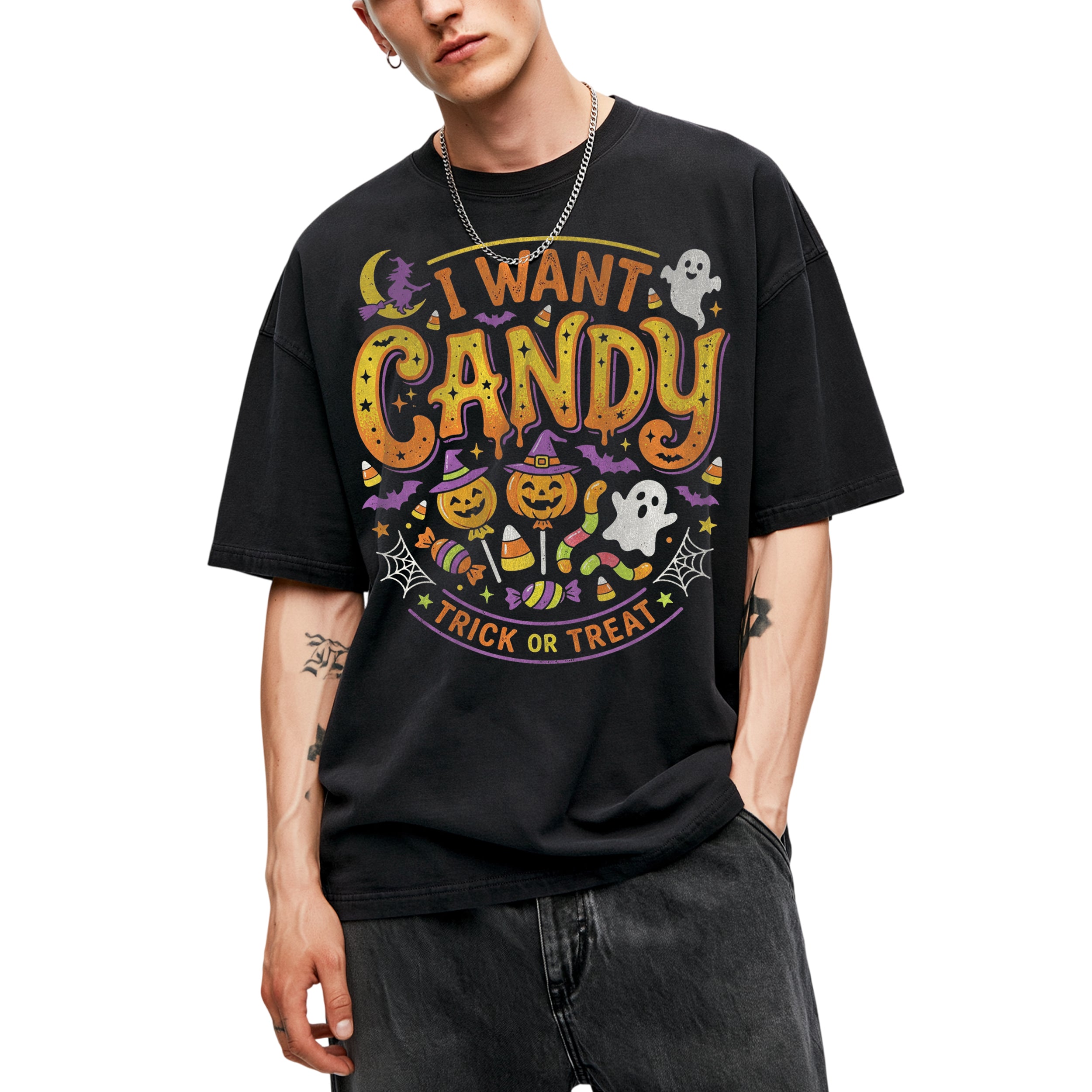 SF_COLOR=black; SF_ITEM=adult-t-shirt; SF_ROLE=main; I Want Candy T-Shirt Trick Or Treat Halloween Pumpkin Ghost Spooky Holiday Top - Black Adult T-Shirt product image