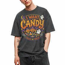 SF_COLOR=dark-heather; SF_ITEM=adult-t-shirt; SF_ROLE=main; I Want Candy T-Shirt Trick Or Treat Halloween Pumpkin Ghost Spooky Holiday Top - Dark Heather Adult T-Shirt product image