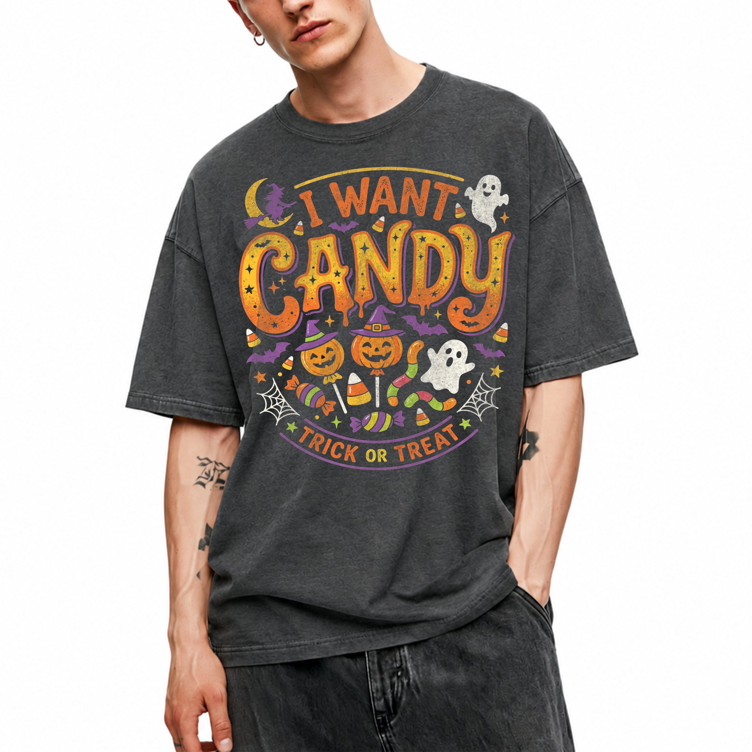 SF_COLOR=dark-heather; SF_ITEM=adult-t-shirt; SF_ROLE=main; I Want Candy T-Shirt Trick Or Treat Halloween Pumpkin Ghost Spooky Holiday Top - Dark Heather Adult T-Shirt product image