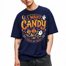 SF_COLOR=navy; SF_ITEM=adult-t-shirt; SF_ROLE=main; I Want Candy T-Shirt Trick Or Treat Halloween Pumpkin Ghost Spooky Holiday Top - Navy Adult T-Shirt product image
