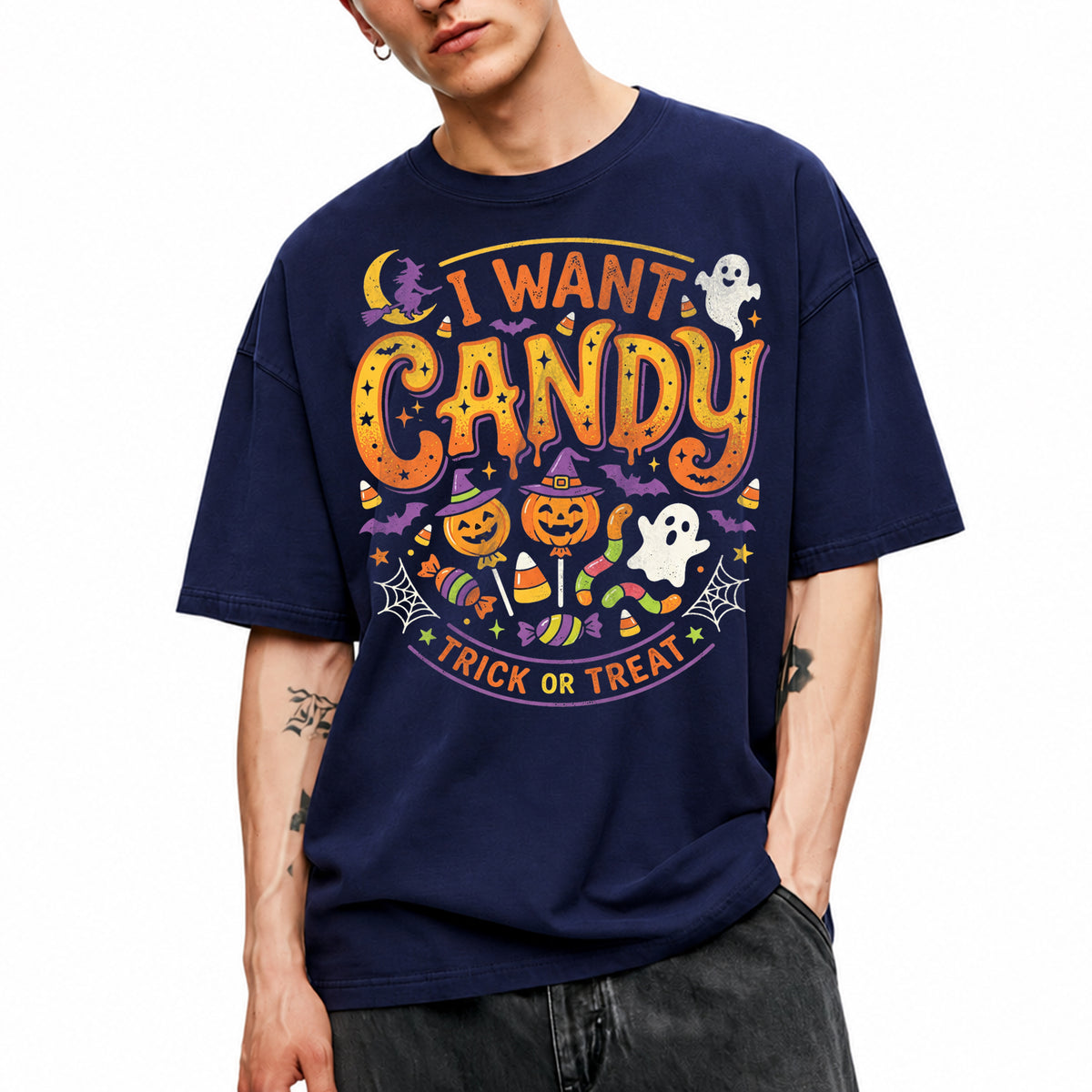 SF_COLOR=navy; SF_ITEM=adult-t-shirt; SF_ROLE=main; I Want Candy T-Shirt Trick Or Treat Halloween Pumpkin Ghost Spooky Holiday Top - Navy Adult T-Shirt product image
