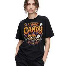 SF_COLOR=black; SF_ITEM=adult-t-shirt; SF_ROLE=gallery; I Want Candy T-Shirt Trick Or Treat Halloween Pumpkin Ghost Spooky Holiday Top - Black Adult T-Shirt product image