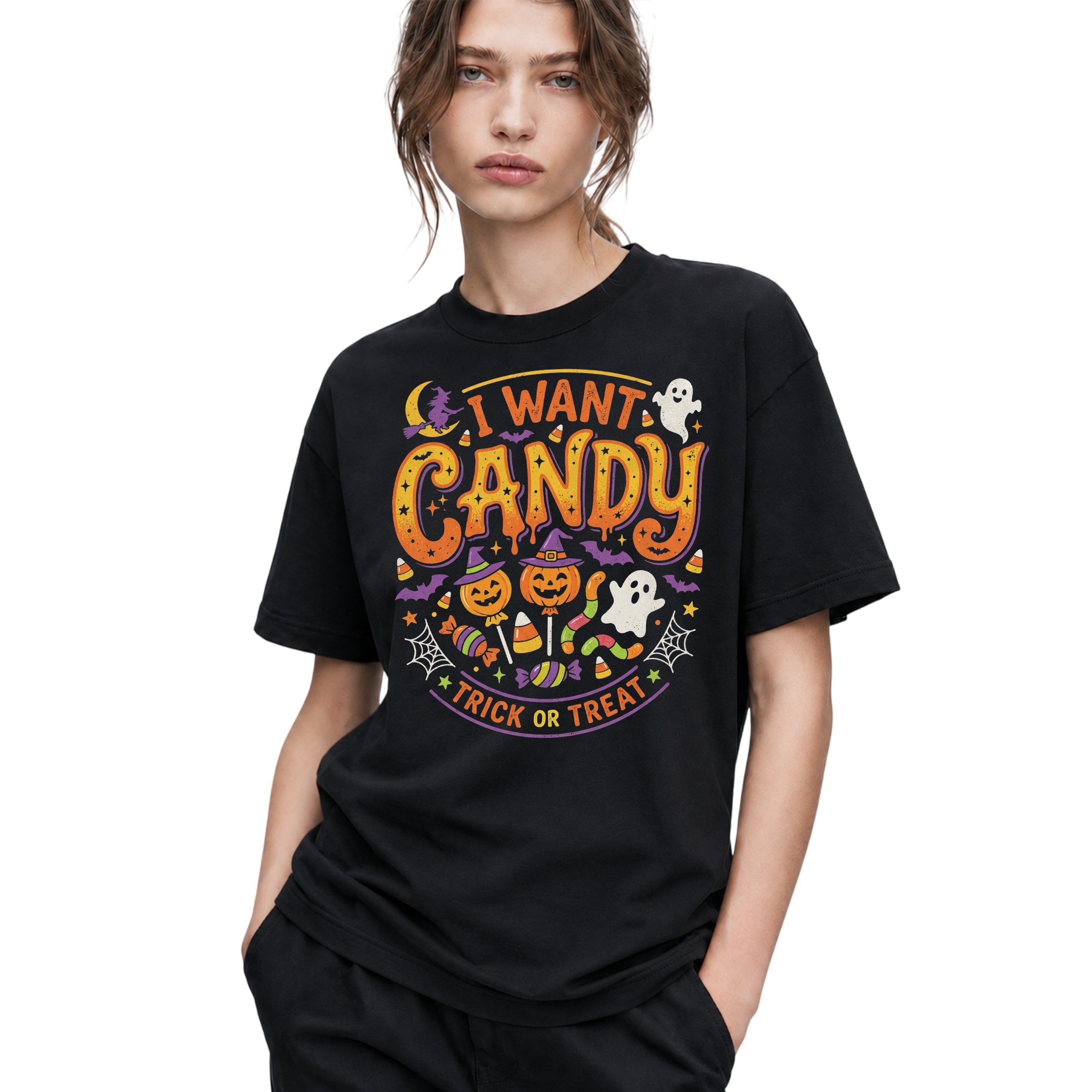 SF_COLOR=black; SF_ITEM=adult-t-shirt; SF_ROLE=gallery; I Want Candy T-Shirt Trick Or Treat Halloween Pumpkin Ghost Spooky Holiday Top - Black Adult T-Shirt product image
