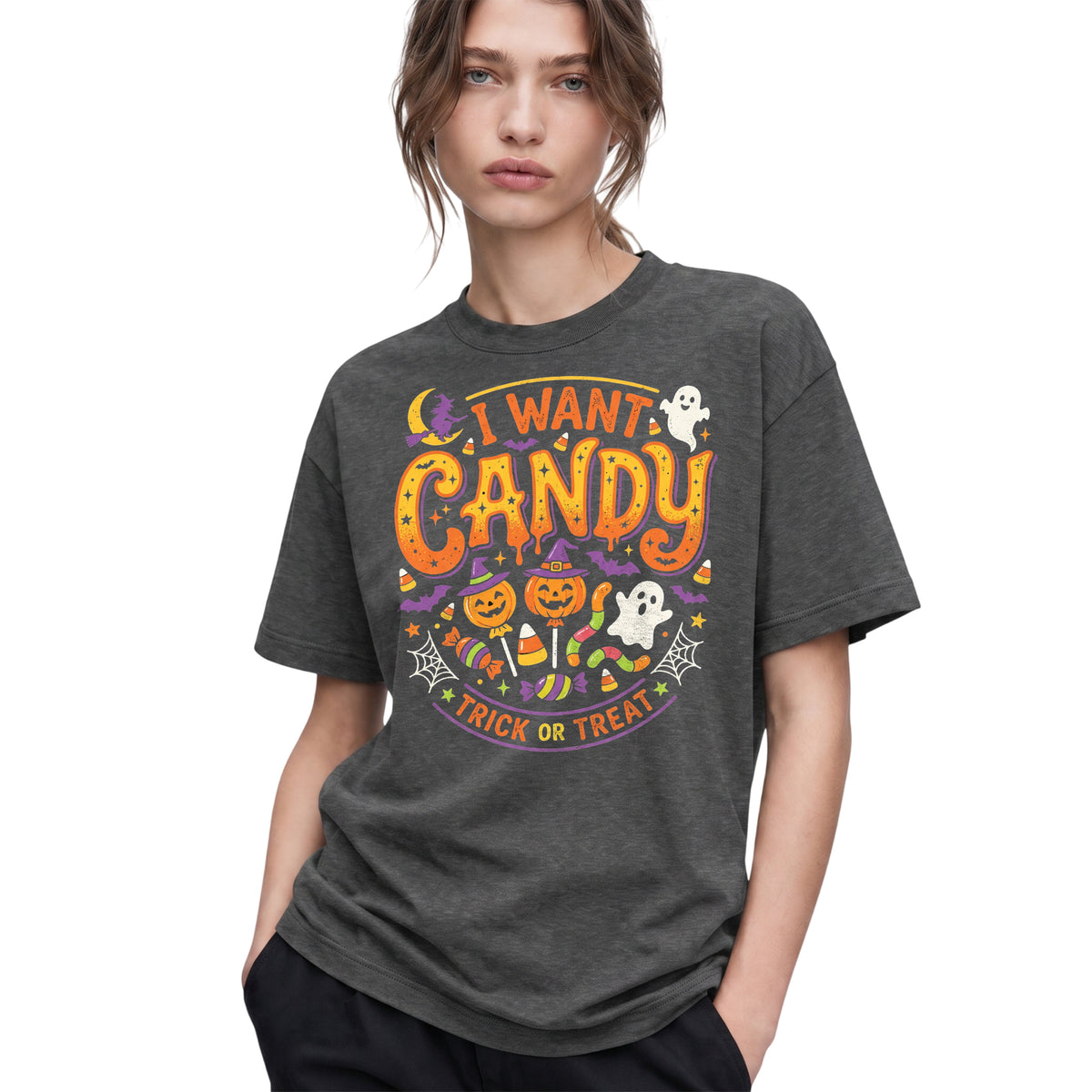 SF_COLOR=dark-heather; SF_ITEM=adult-t-shirt; SF_ROLE=gallery; I Want Candy T-Shirt Trick Or Treat Halloween Pumpkin Ghost Spooky Holiday Top - Dark Heather Adult T-Shirt product image