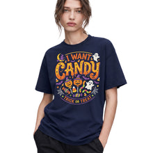 SF_COLOR=navy; SF_ITEM=adult-t-shirt; SF_ROLE=gallery; I Want Candy T-Shirt Trick Or Treat Halloween Pumpkin Ghost Spooky Holiday Top - Navy Adult T-Shirt product image