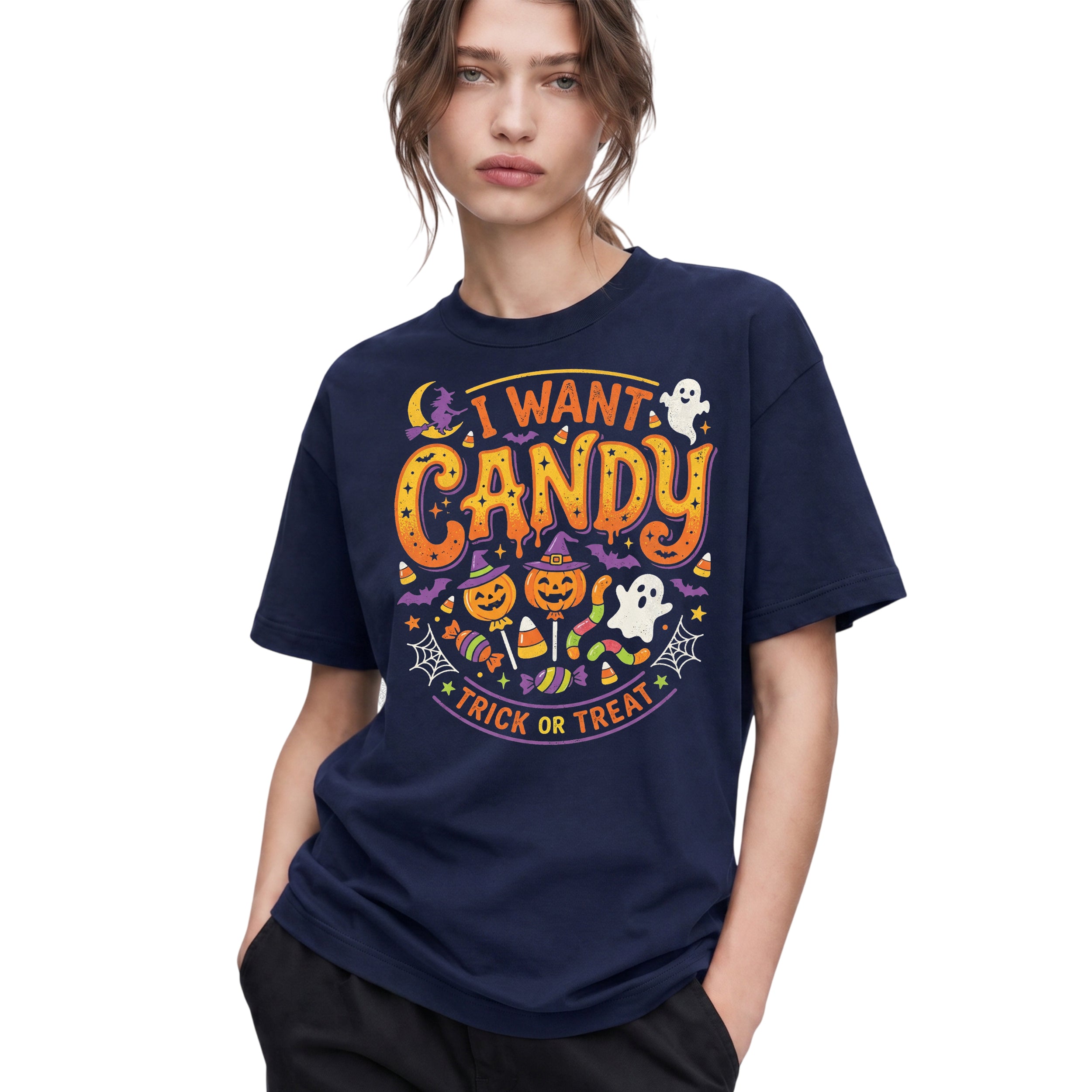 SF_COLOR=navy; SF_ITEM=adult-t-shirt; SF_ROLE=gallery; I Want Candy T-Shirt Trick Or Treat Halloween Pumpkin Ghost Spooky Holiday Top - Navy Adult T-Shirt product image