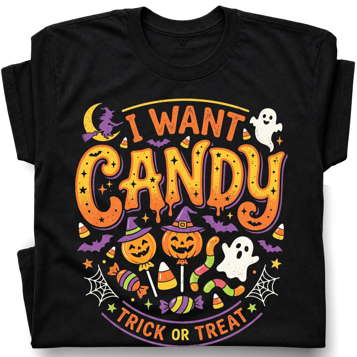 SF_COLOR=black; SF_ITEM=adult-t-shirt; SF_ROLE=gallery; I Want Candy T-Shirt Trick Or Treat Halloween Pumpkin Ghost Spooky Holiday Top - Black Adult T-Shirt product image