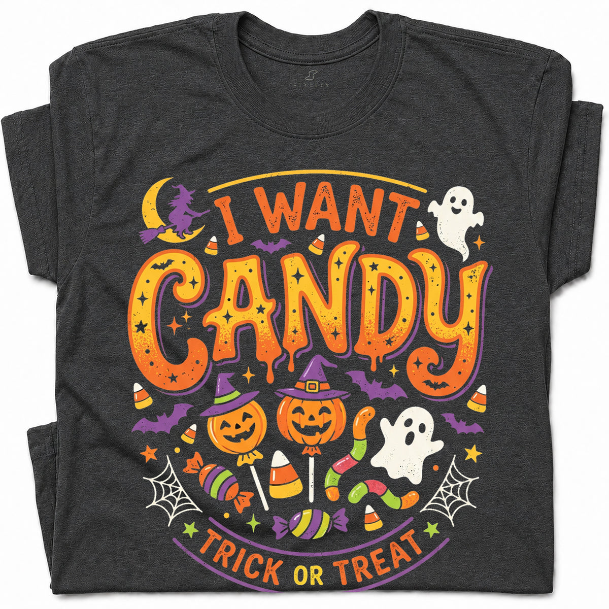 SF_COLOR=dark-heather; SF_ITEM=adult-t-shirt; SF_ROLE=gallery; I Want Candy T-Shirt Trick Or Treat Halloween Pumpkin Ghost Spooky Holiday Top - Dark Heather Adult T-Shirt product image
