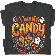 SF_COLOR=dark-heather; SF_ITEM=adult-t-shirt; SF_ROLE=gallery; I Want Candy T-Shirt Trick Or Treat Halloween Pumpkin Ghost Spooky Holiday Top - Dark Heather Adult T-Shirt product image