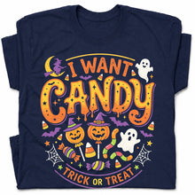 SF_COLOR=navy; SF_ITEM=adult-t-shirt; SF_ROLE=gallery; I Want Candy T-Shirt Trick Or Treat Halloween Pumpkin Ghost Spooky Holiday Top - Navy Adult T-Shirt product image