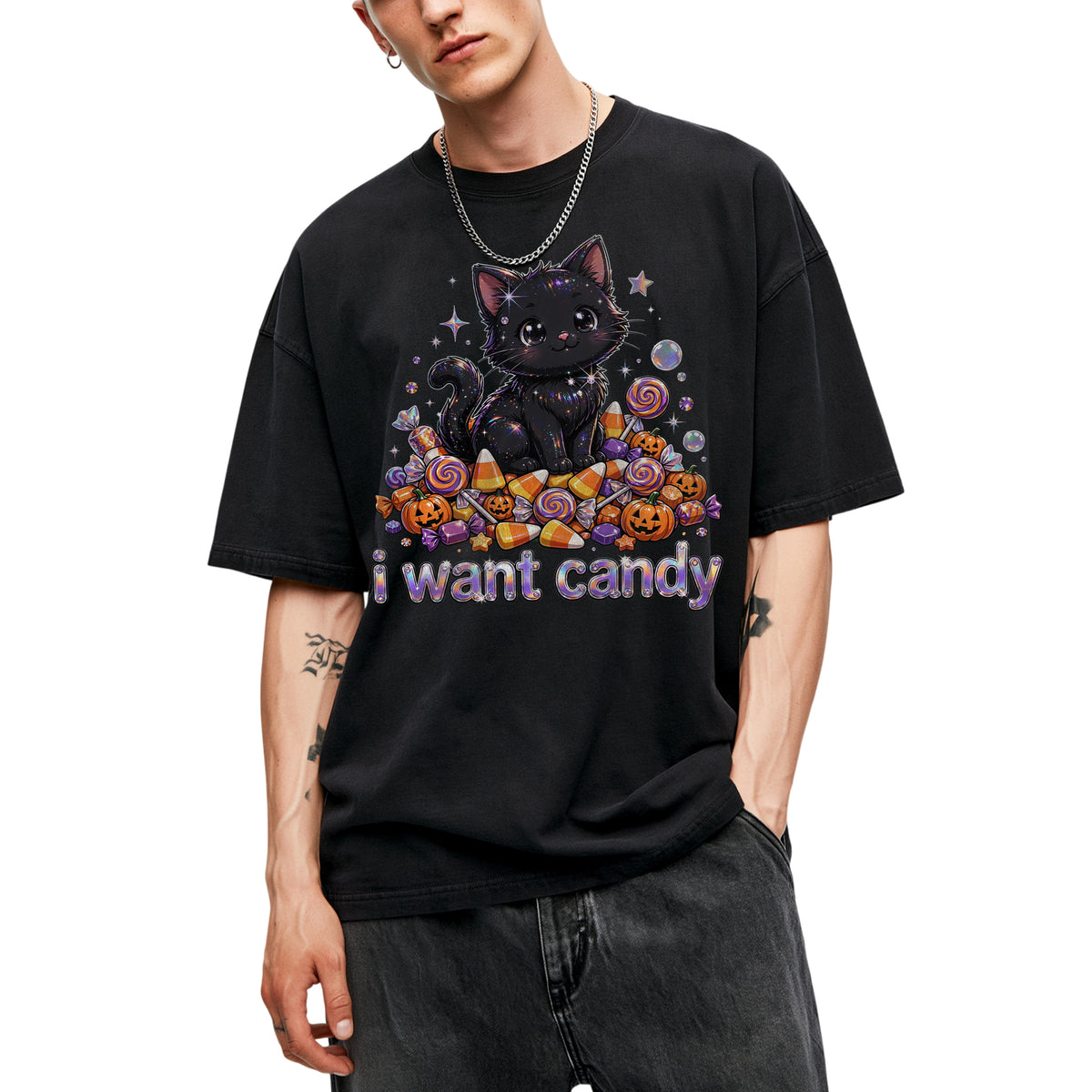 SF_COLOR=black; SF_ITEM=adult-t-shirt; SF_ROLE=main; I Want Candy T-Shirt Sparkly Cat Halloween Pumpkins Kawaii YK Aesthetic Tee - Black Adult T-Shirt product image
