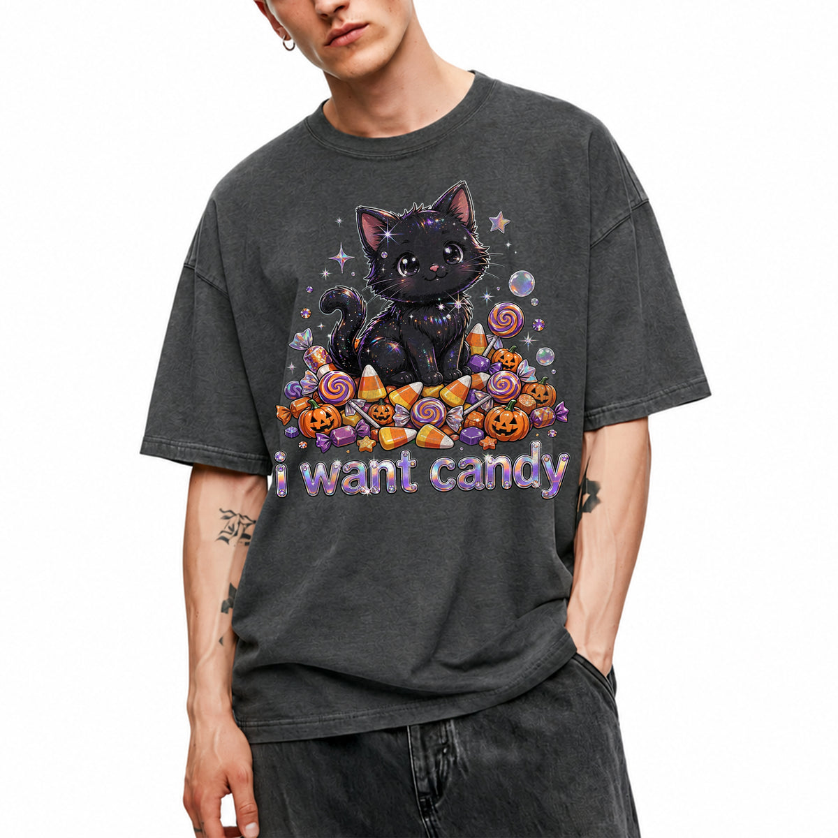 SF_COLOR=dark-heather; SF_ITEM=adult-t-shirt; SF_ROLE=main; I Want Candy T-Shirt Sparkly Cat Halloween Pumpkins Kawaii YK Aesthetic Tee - Dark Heather Adult T-Shirt product image
