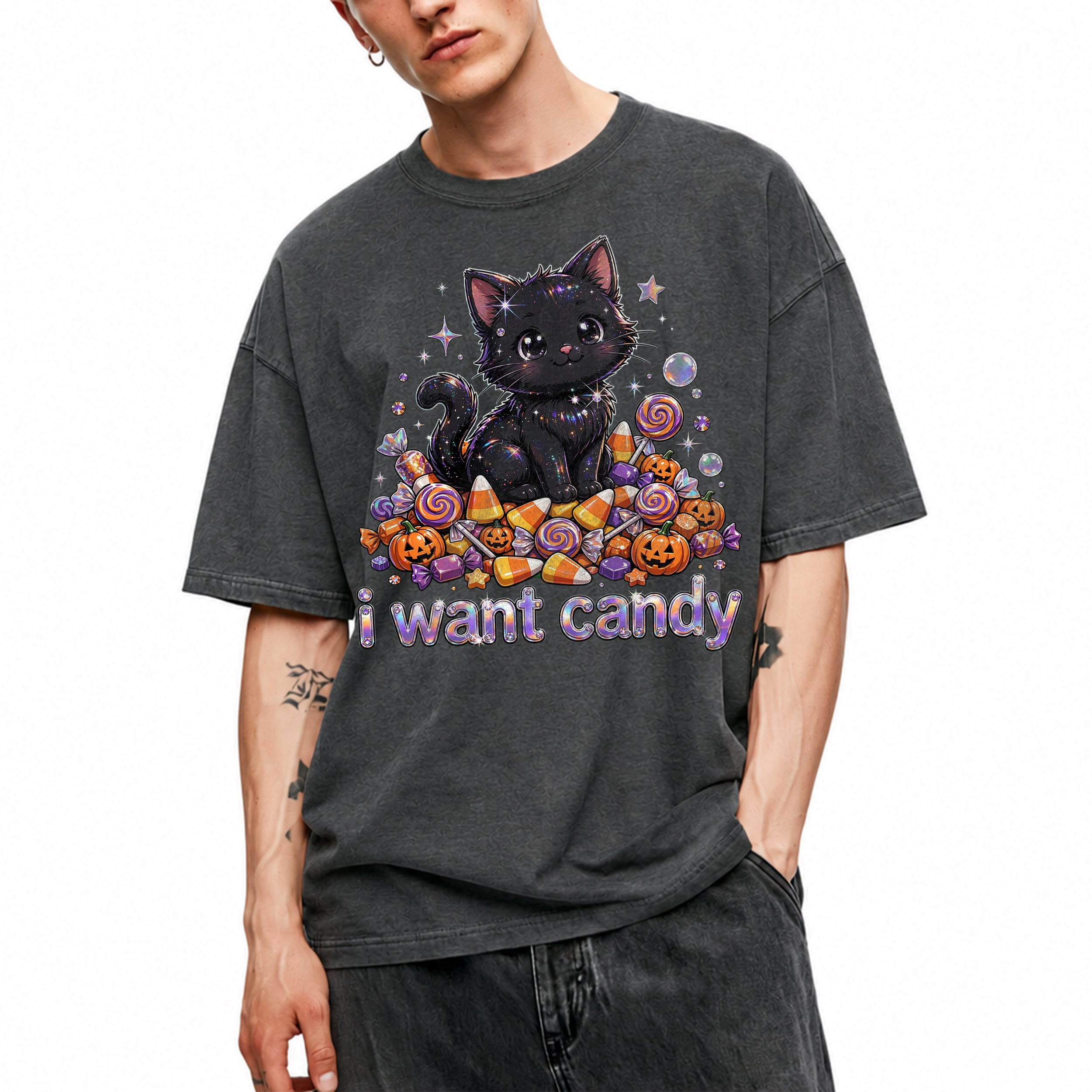 SF_COLOR=dark-heather; SF_ITEM=adult-t-shirt; SF_ROLE=main; I Want Candy T-Shirt Sparkly Cat Halloween Pumpkins Kawaii YK Aesthetic Tee - Dark Heather Adult T-Shirt product image
